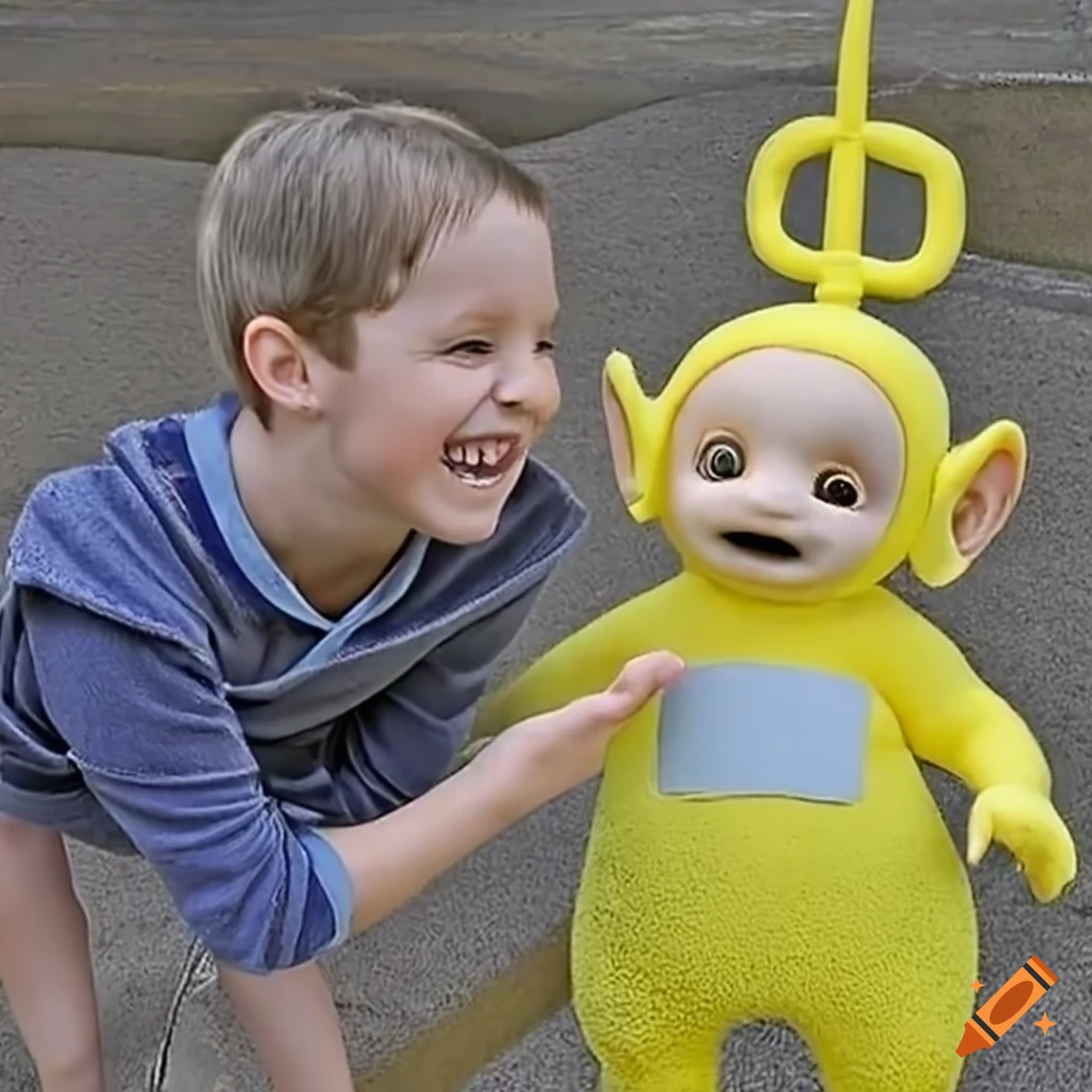Female Teletubby offers piggyback ride to a boy