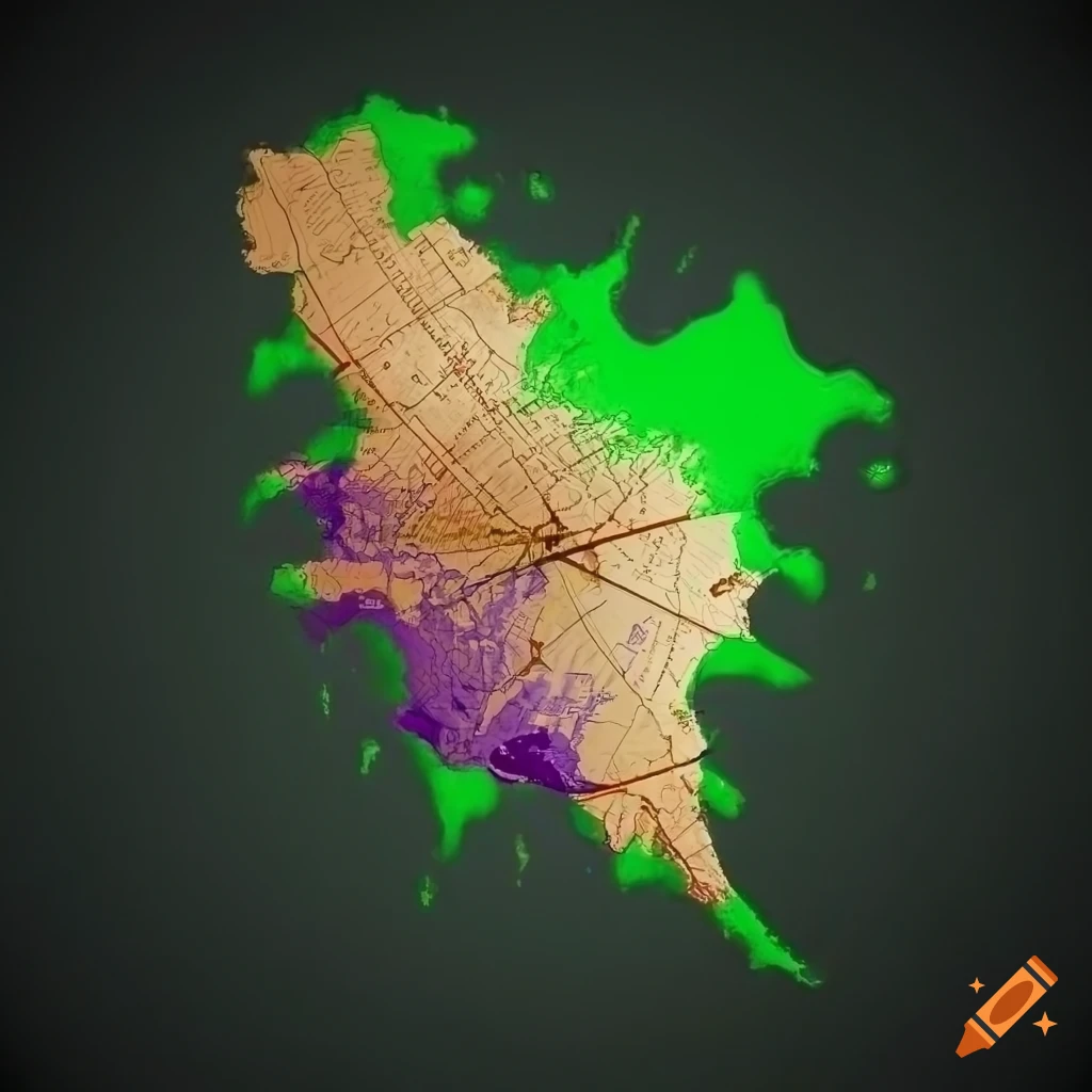 France map with compass around Lyon in green, violet, and brown colors