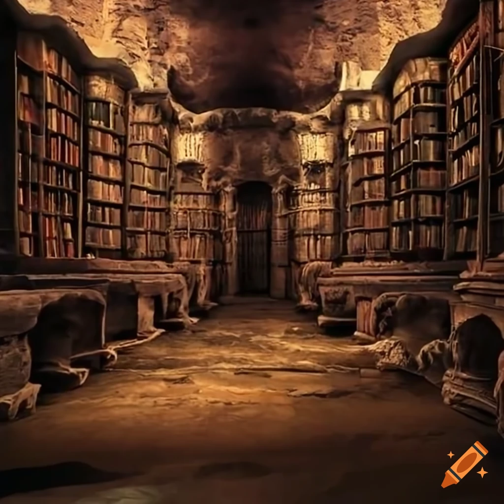 Remote cave library with ancient books on rough stone floor