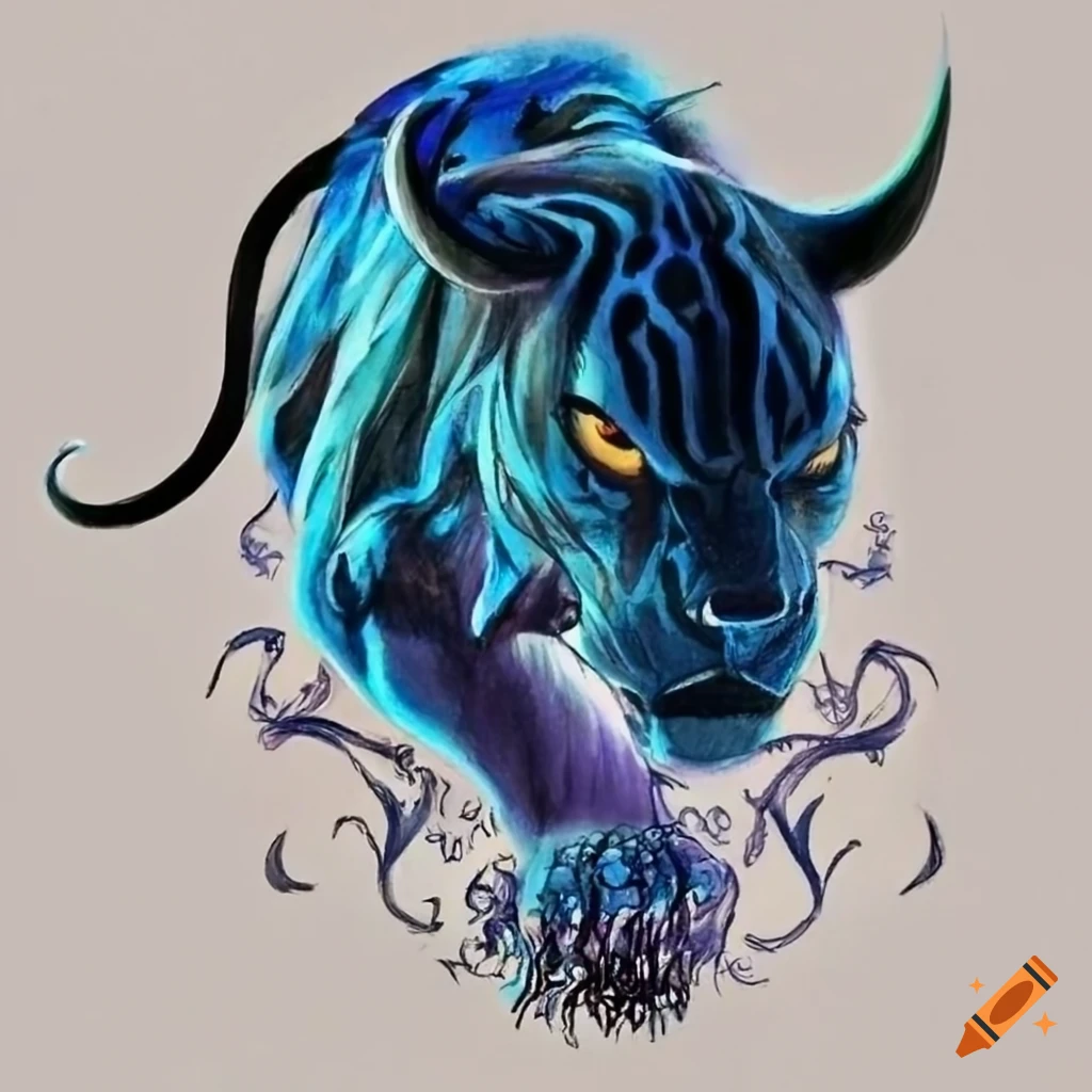 Chinese mystical beast with metallic tribal tattoos running in colored pencil art