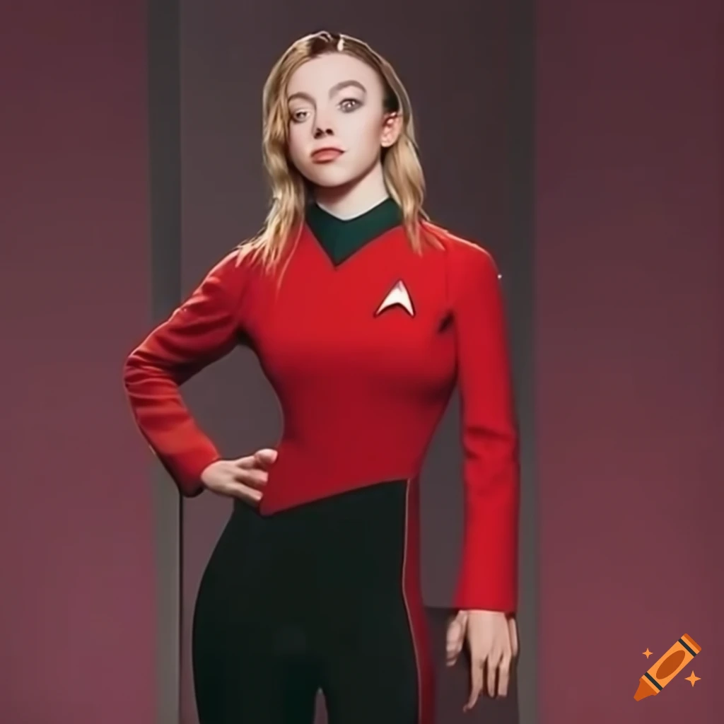 Sydney Sweeney in a red Star Trek uniform with captain rank on Craiyon