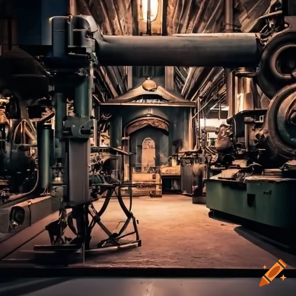 Machine Showroom Industrial showroom with vintage cutting machinery under brilliant ...