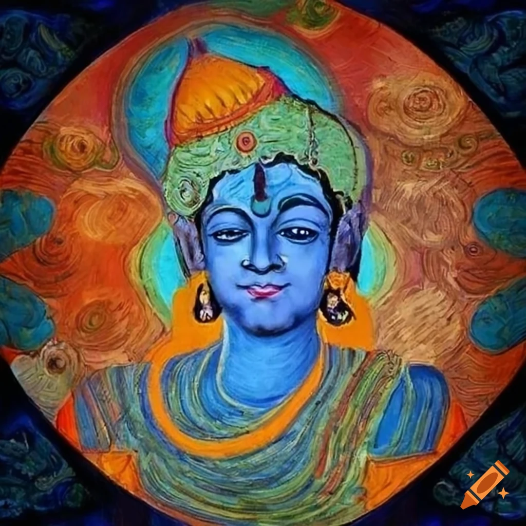 Abstract art of Vishnu lying on a multi-hooded snake in Vincent van Gogh style
