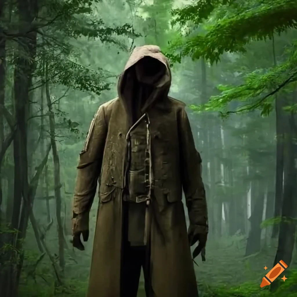 Mysterious forest ranger standing tall in dense woods on Craiyon