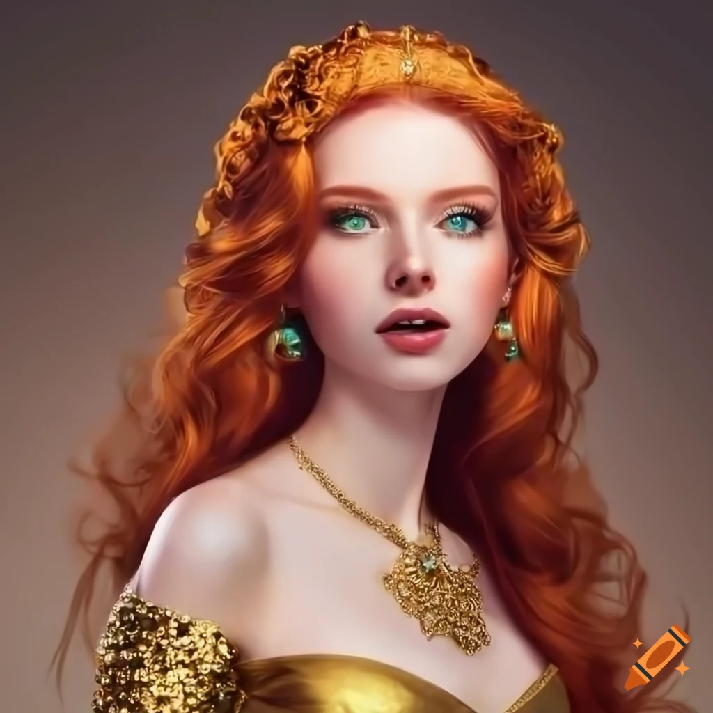 Young beautiful redhead princess in golden dress with green eyes