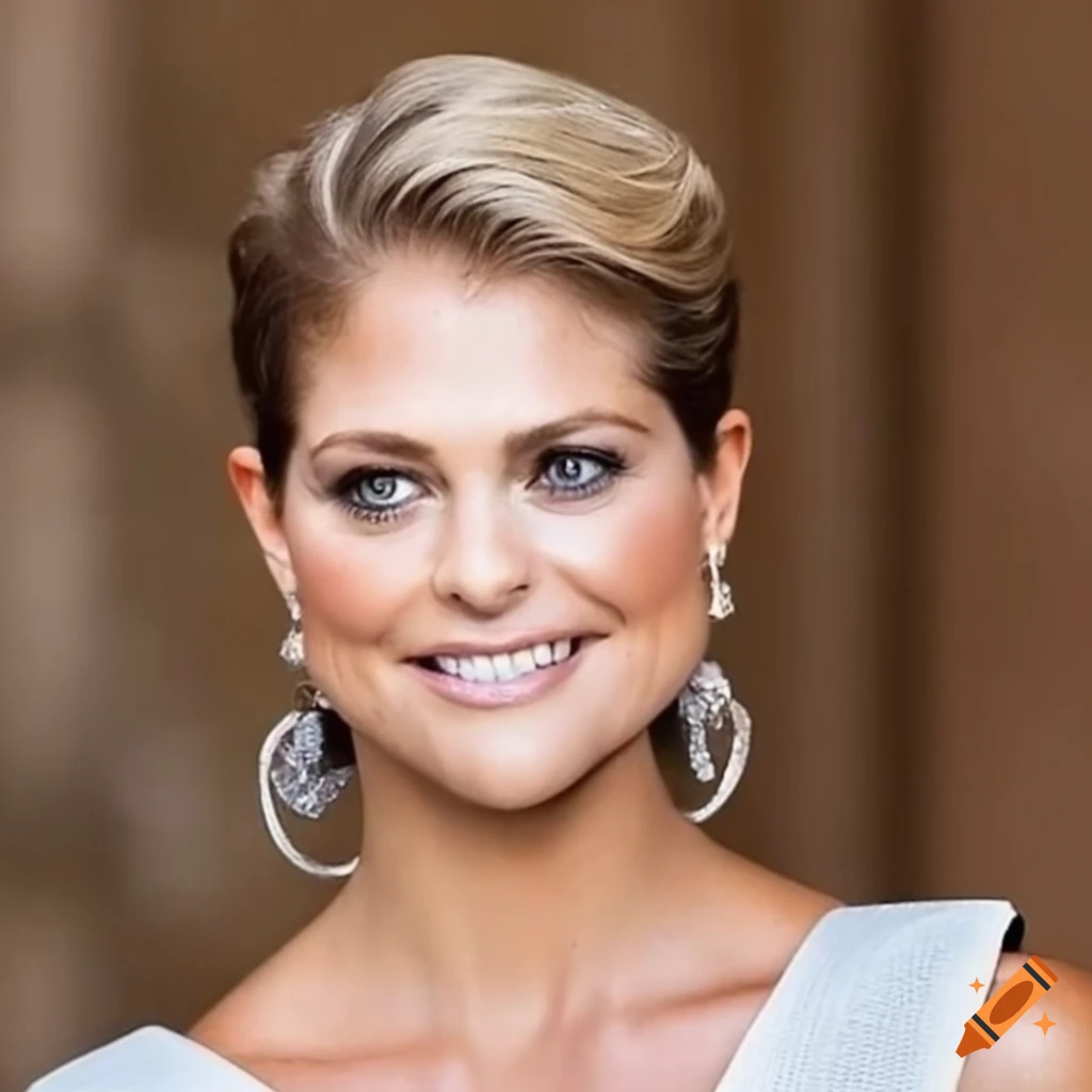 Princess Madeleine with a very short pixie cut in an elegant setting