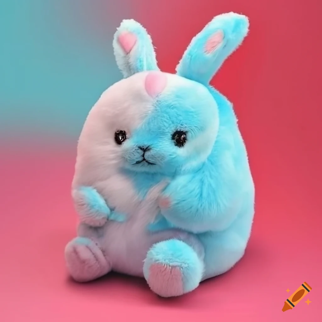 Adorable chubby blue rabbit with long hair on a red background