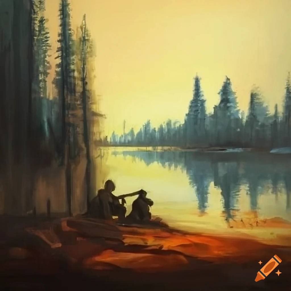 Contrast between war zone and Canadian landscape in a painting