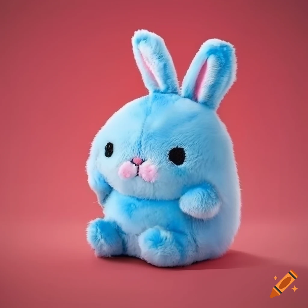 Cute chubby blue rabbit with long plush fur on a red background