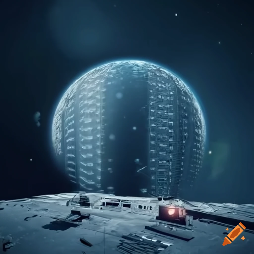 Blueprint of a futuristic multi-level space station in a moon crater