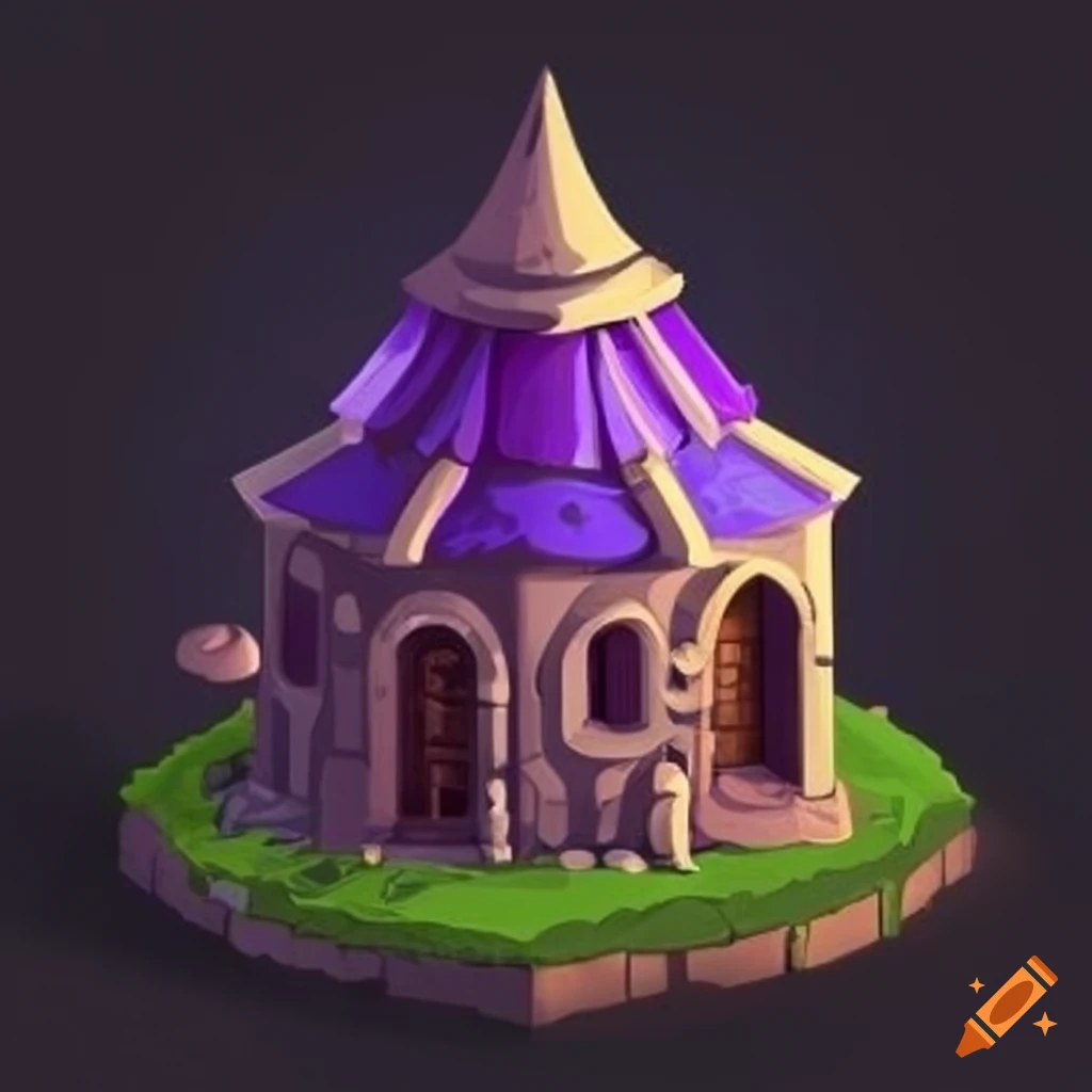 Detailed isometric diorama RPG tile of gothic witch's hut with purple accents