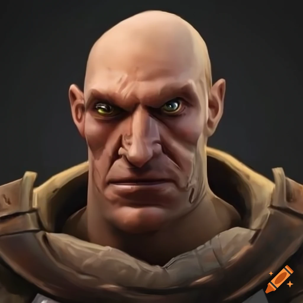 Warhammer character with bald head, big nose, scar above eye