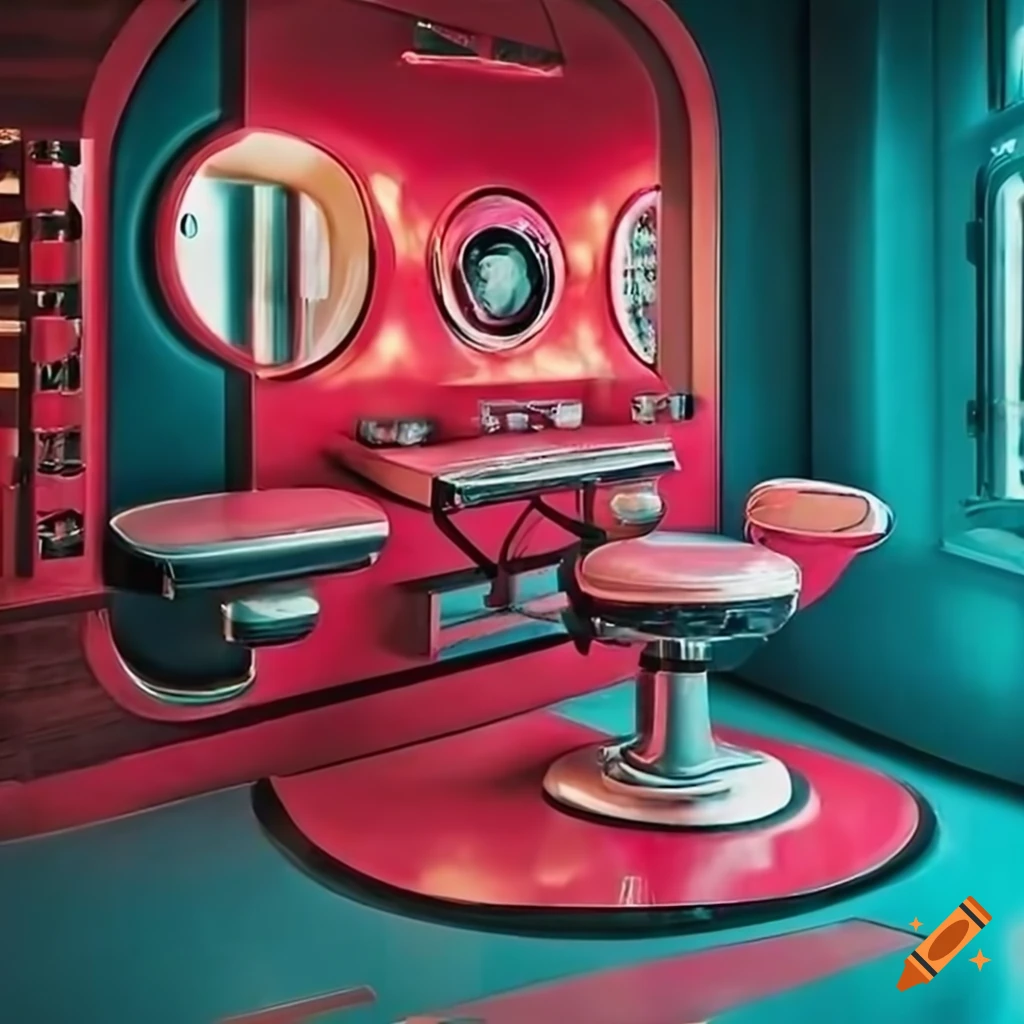 Retro-futuristic barbershop with a 1950's diner vibe