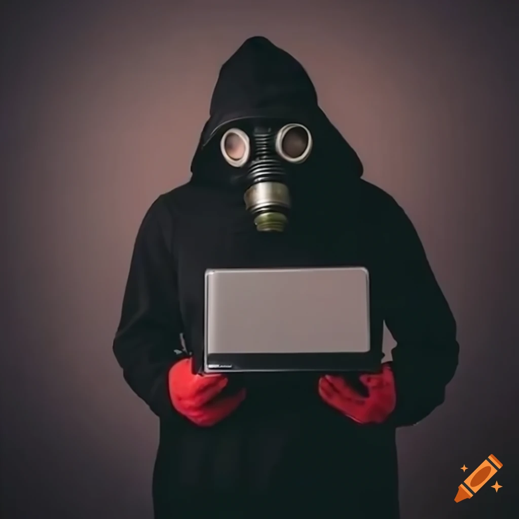 Man in black hoodie with gas mask holding laptop in studio setting