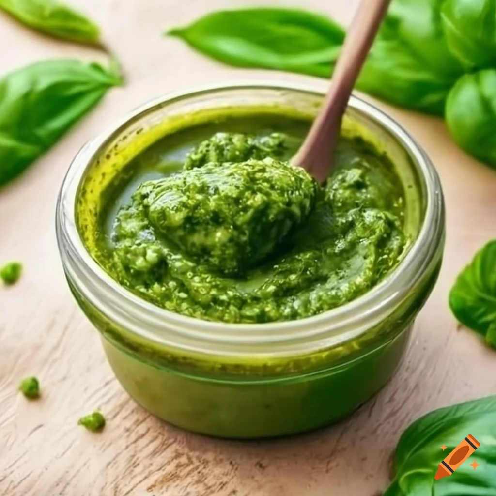 Italian specialty with basil leaves and pine nuts in the background