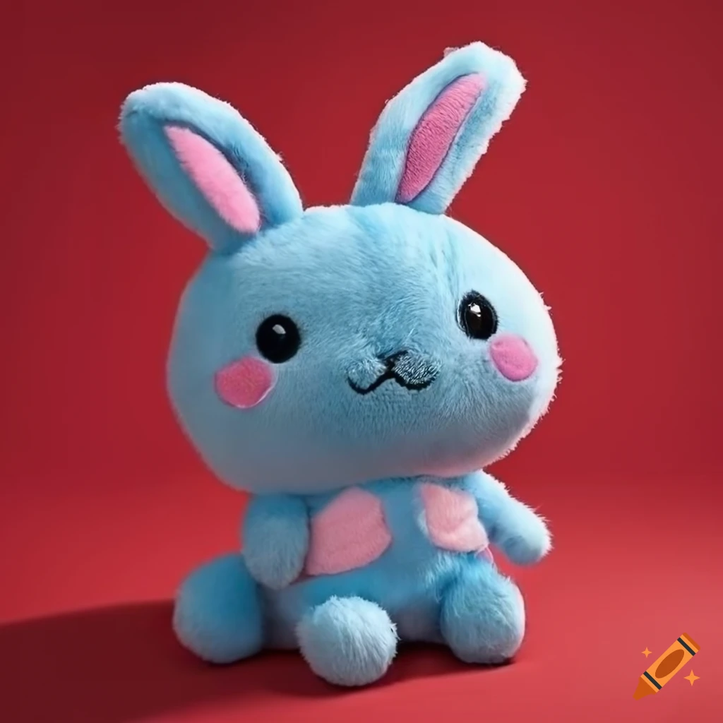Long-haired chubby blue rabbit on a red background with strong contrast