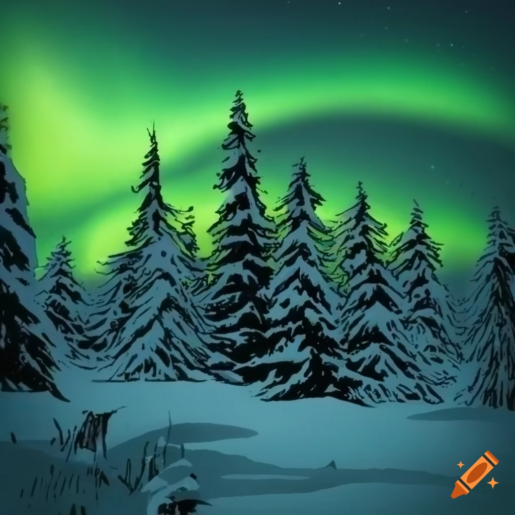 Norse style comic cover of a snow covered forest with northern lights