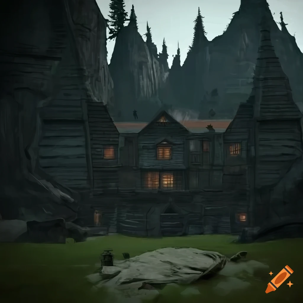 DND style cult base with buildings and wooden fences on a forested mountain