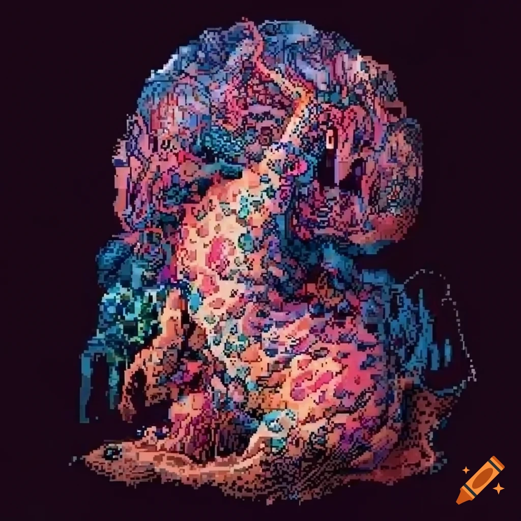 Pixel art with dithering showcasing colorful ink traditional art