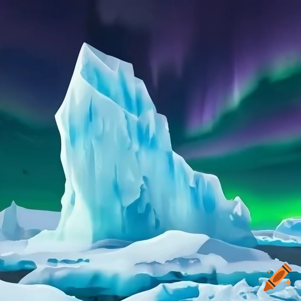 Norse style comic cover of a snow-covered iceberg in the sea under the northern lights