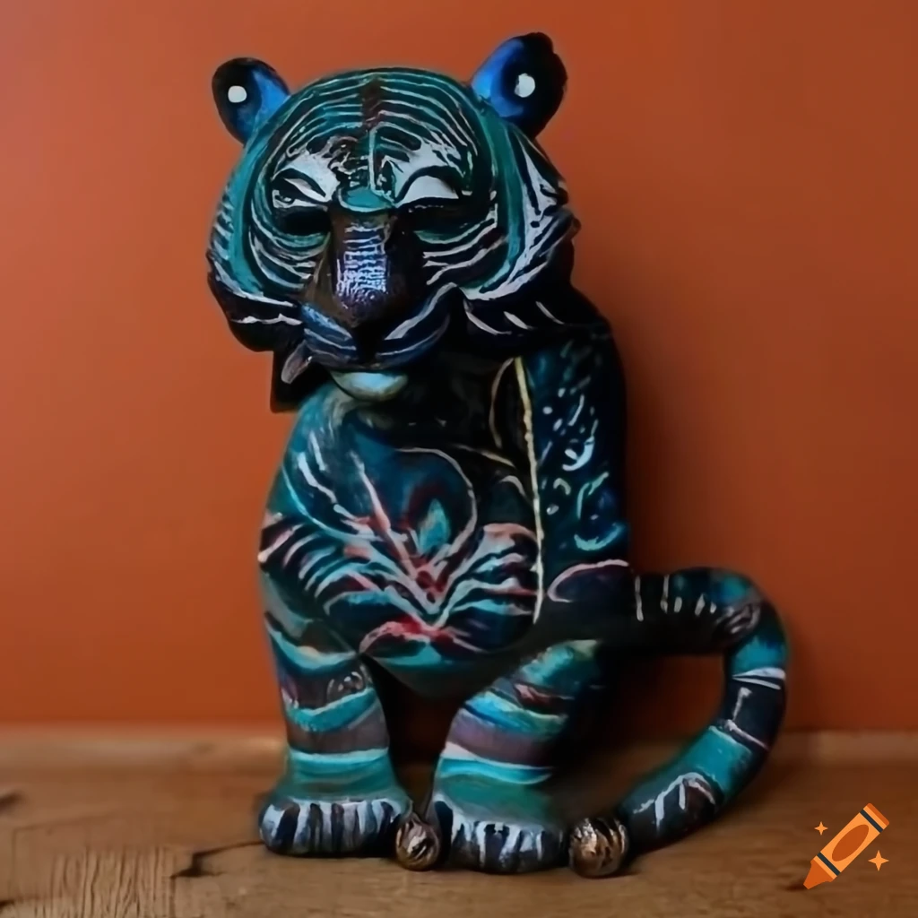 Wooden Bali tiger with colorful markings in a primitive art style