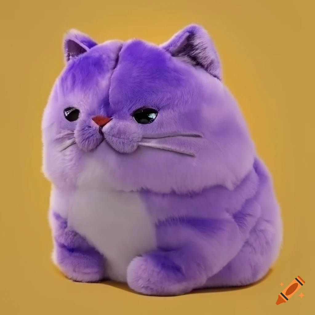 Plush chubby violet cat with long hair on yellow background