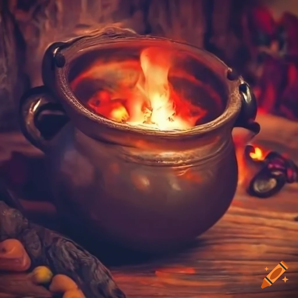 Cauldron bubbling with potion in witch's hut surrounded by love hearts