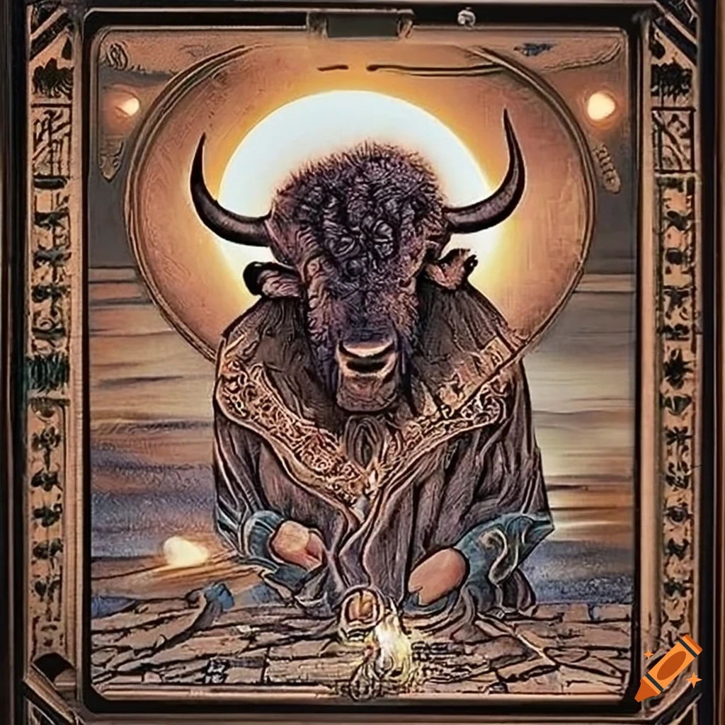 Ancient wooden tarot card with bison, full moon, and mystical pentagram