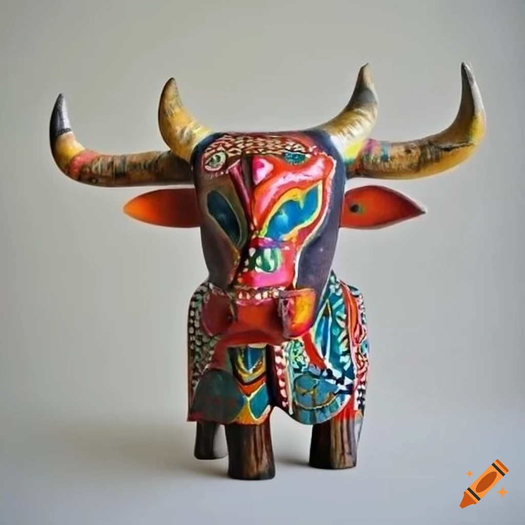 Wooden Bali bull with colorful markings in an intrinsic art style