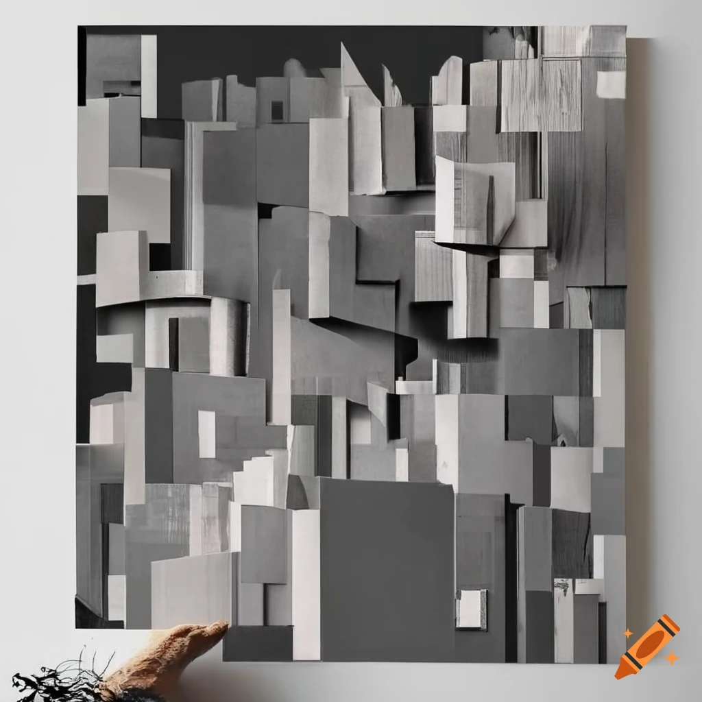 Detailed urban collage with intricate patterns and shapes in graphite