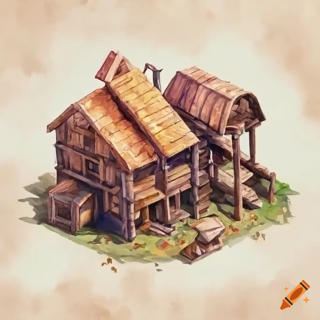 Isometric diorama of a detailed RPG lumbermill and saw