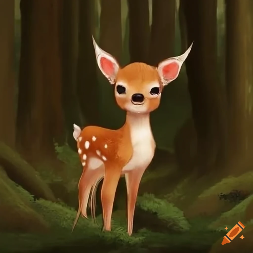 Alert baby deer in a forest setting with ears laid back