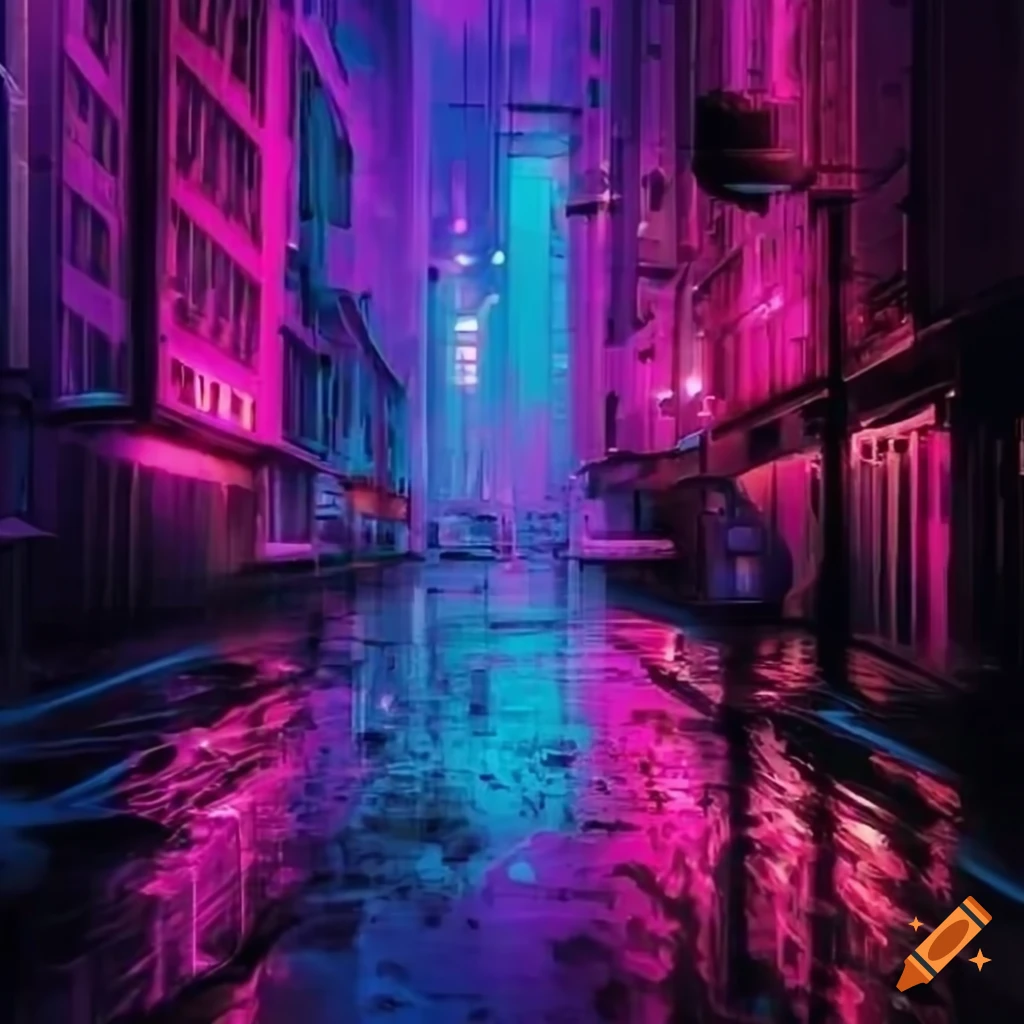 Pink and blue neon cityscape in the rain on Craiyon