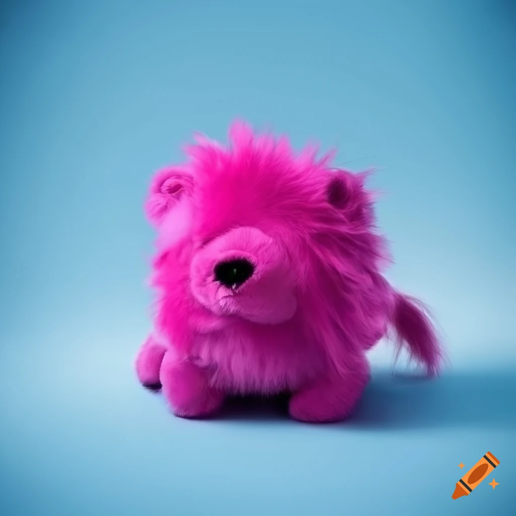 Majestic plush chubby magenta lion on a blue background with silver lining