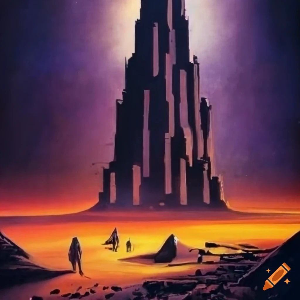 1970's sci-fi art print of an exotic alien wasteland with dark towers
