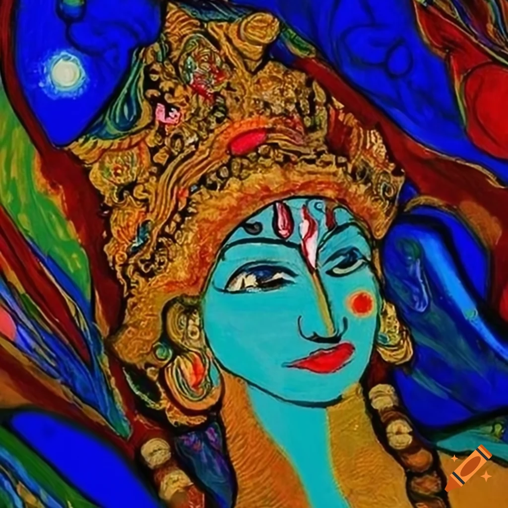 Abstract art of Vishnu lying on a multi-hooded snake in Vincent van Gogh style