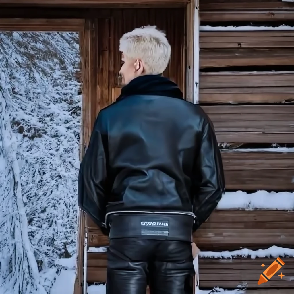 Young man in sheepskin bomber jacket and leather trousers standing in barn doorway