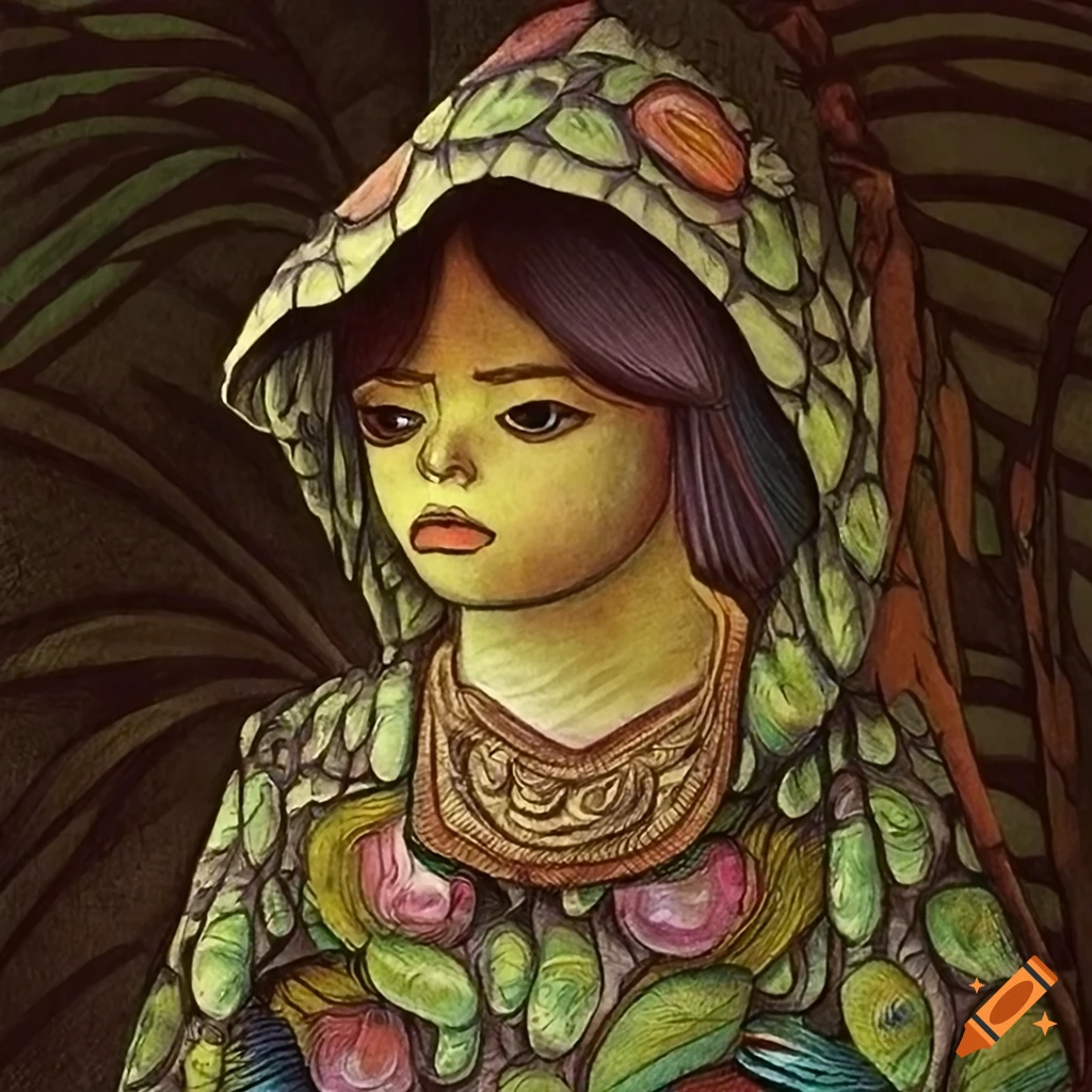 Raven in a hooded cloak of colorful iridescent Peacock feathers in a twilight forest garden