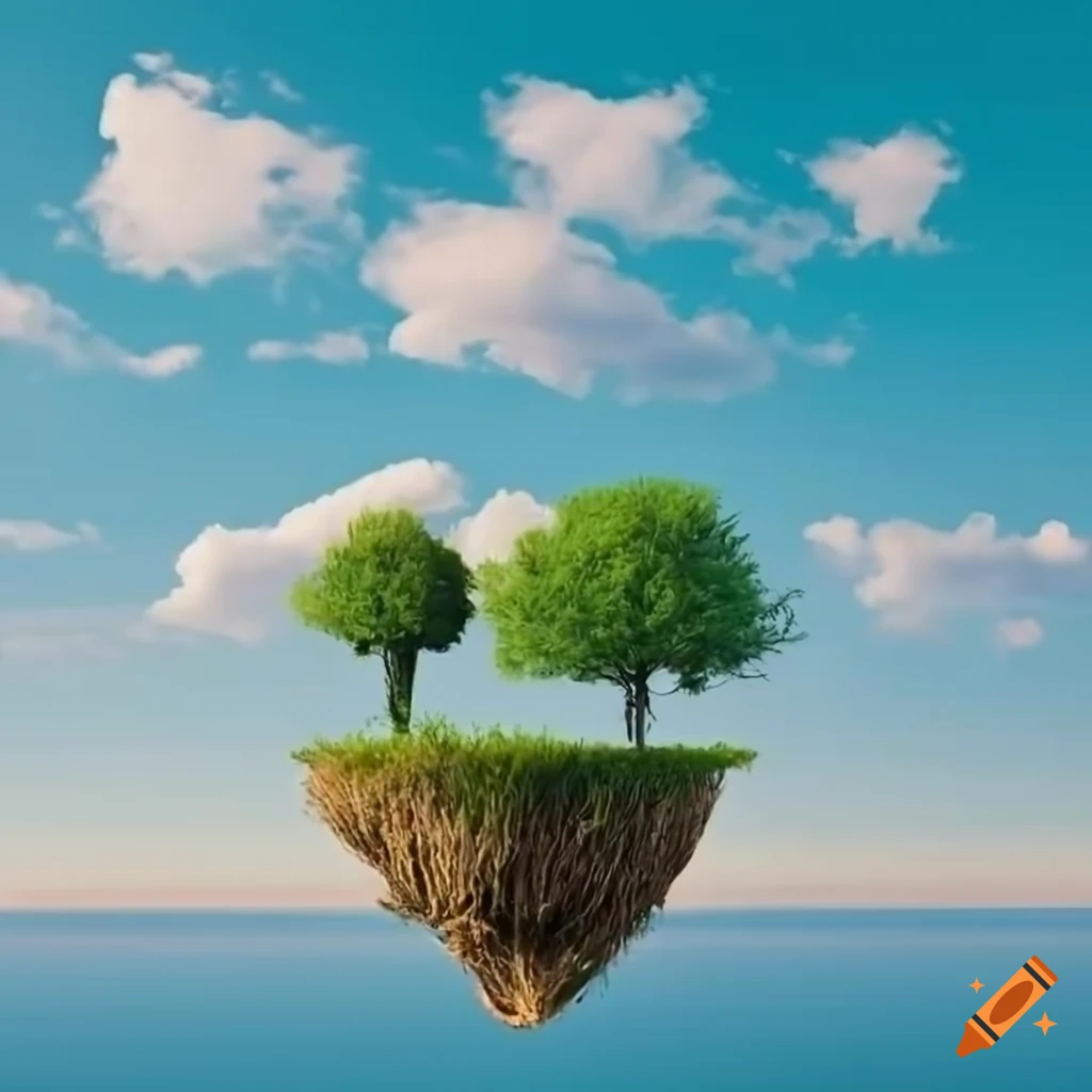 Blue sky with clouds and floating islands with grass and trees