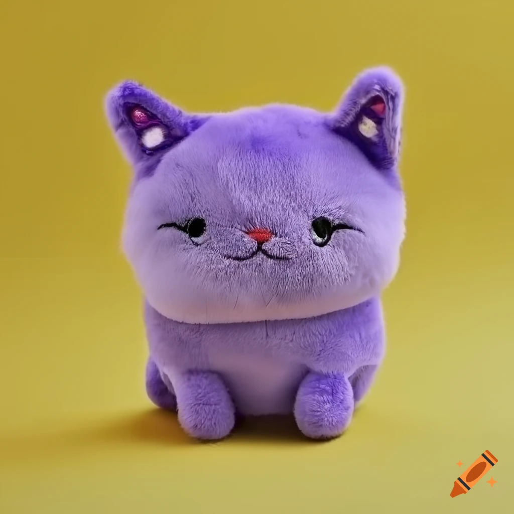 Plush chubby violet cat on yellow background with silver lining