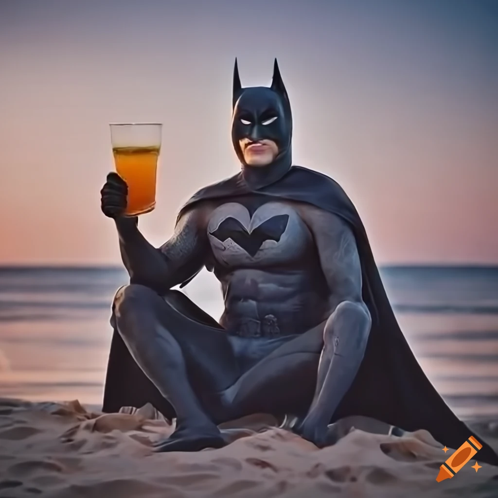 Batman enjoying a cocktail on the beach with bats in the sky