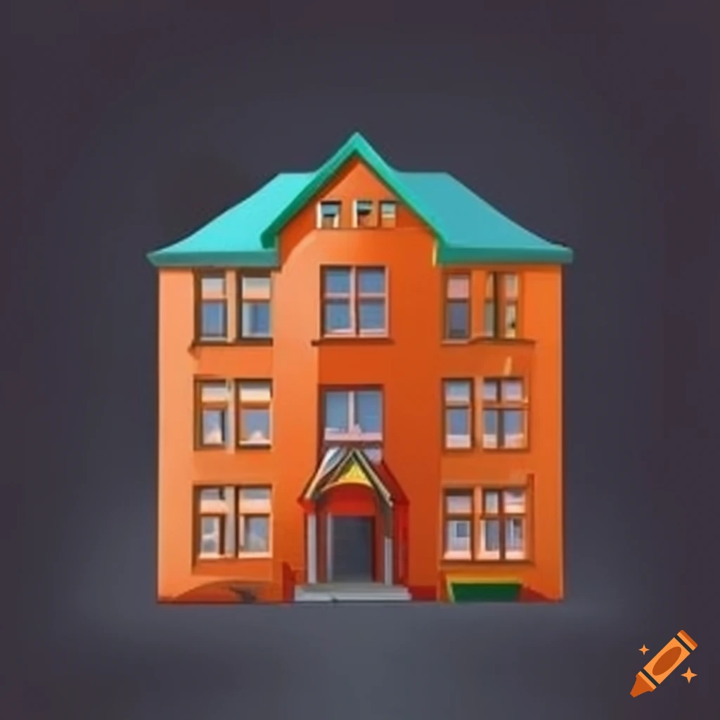Orange building resembling a school shape on a black background on Craiyon