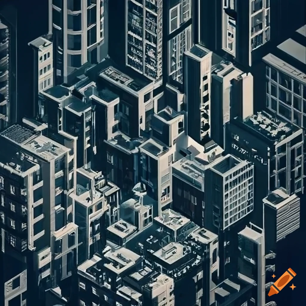 Isometric view of a dense city with amenities nearby on Craiyon