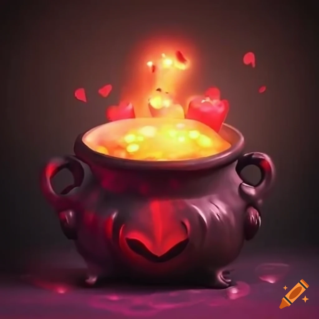 Witch's cauldron filled with glowing red hearts