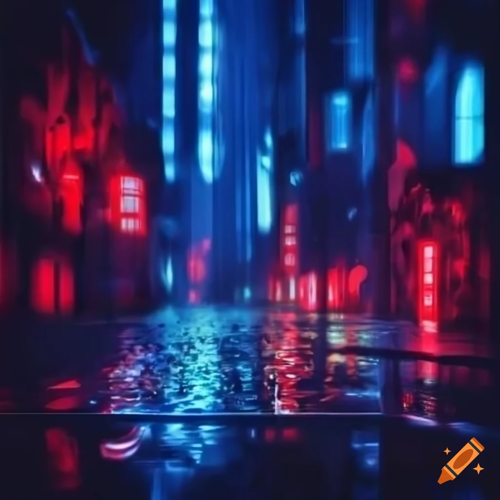 Neon rainy future cityscape in blue and red