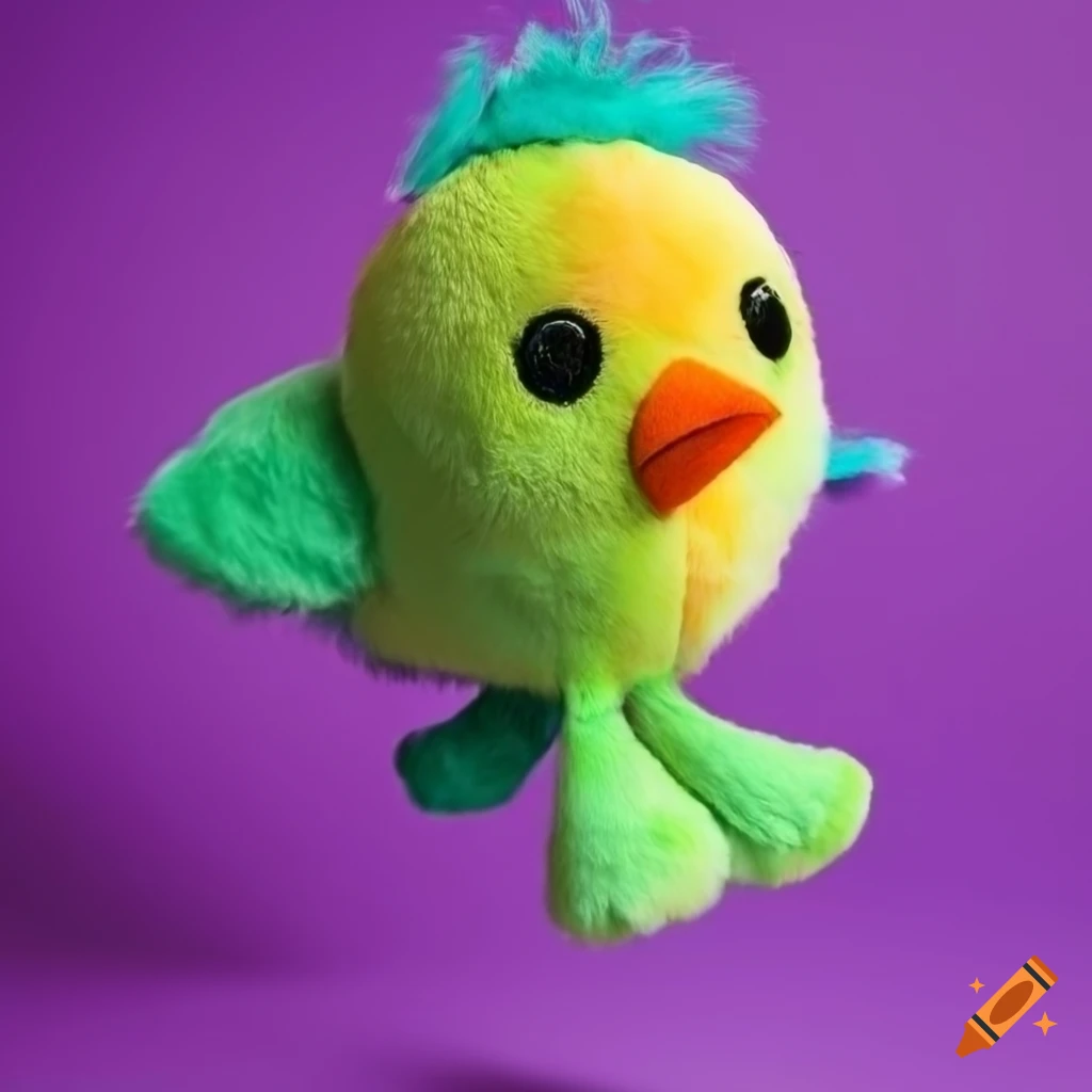 Plush chubby bird with long hair in front of a violet background with silver lining