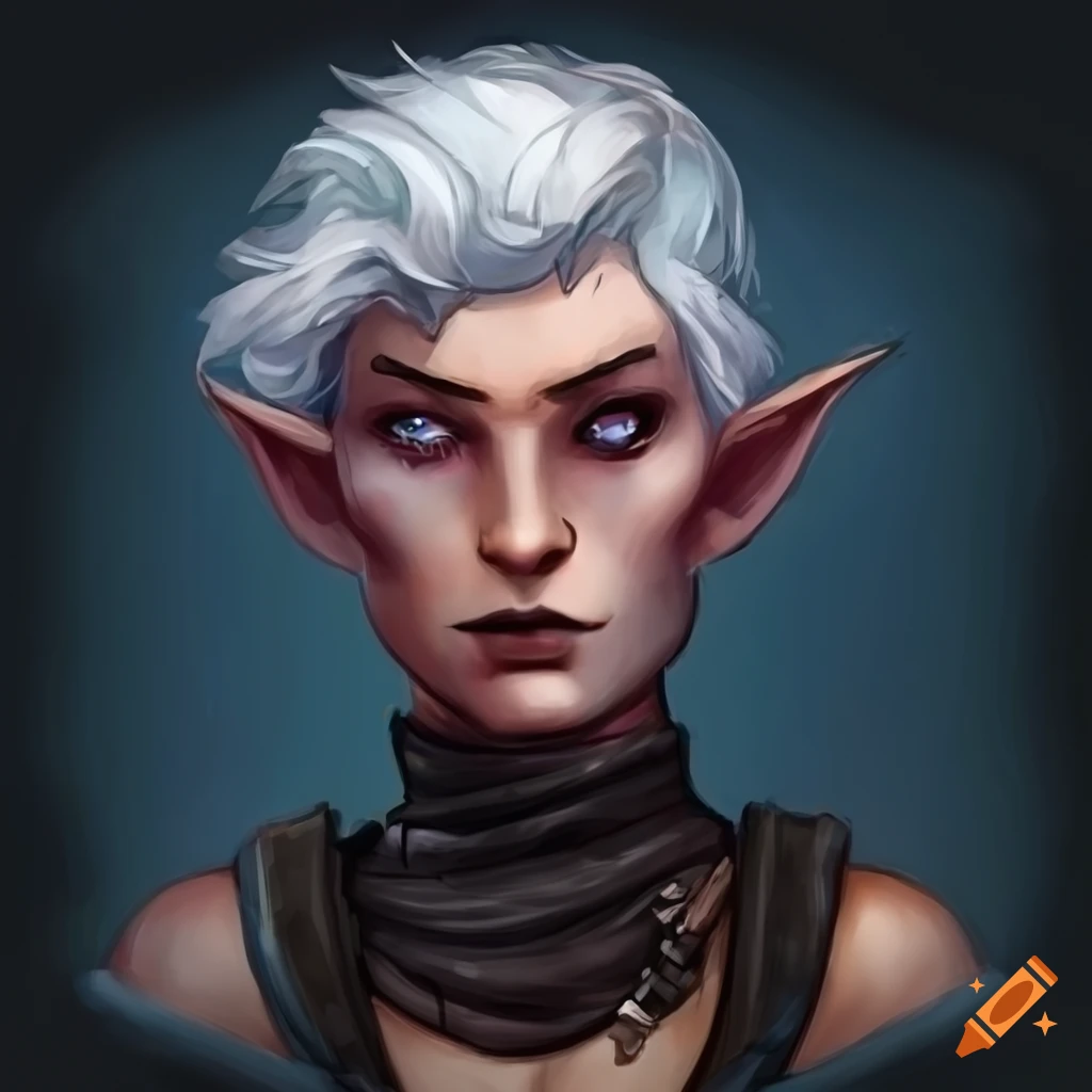 Air genasi rogue with short white hair in a black tunic