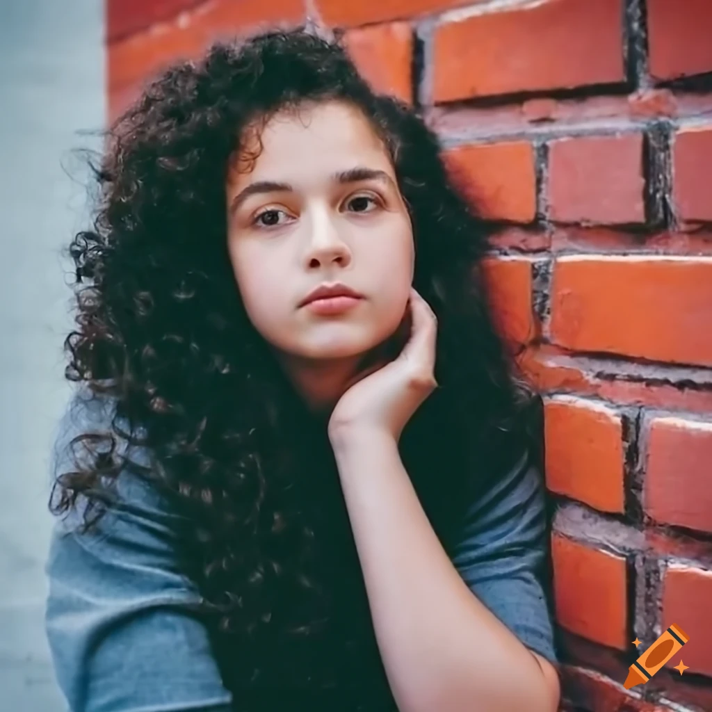 Caucasian woman with long curly hair leaning on a red brick wall