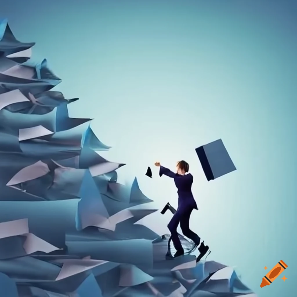 Businesswoman climbing a mountain of papers
