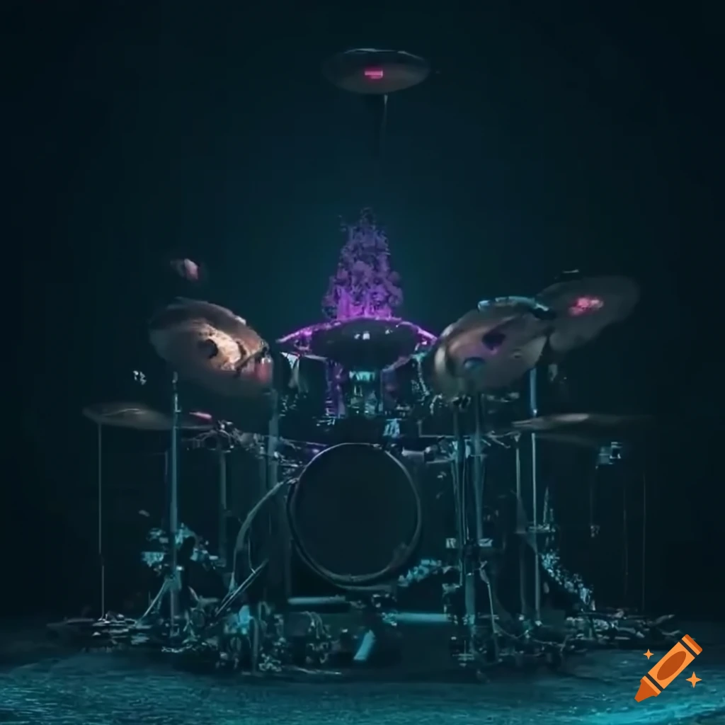 Drumkit with multiple cymbals and toms on a dark stage, with an octopus playing